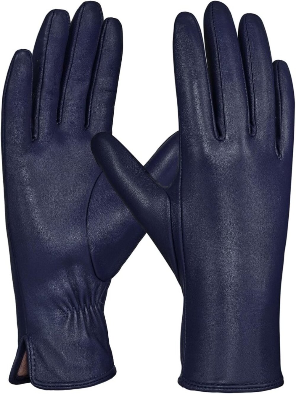 Women Navy Blue Touchscreen Winter Wool Cashmere Lined Sheepskin Leather Gloves